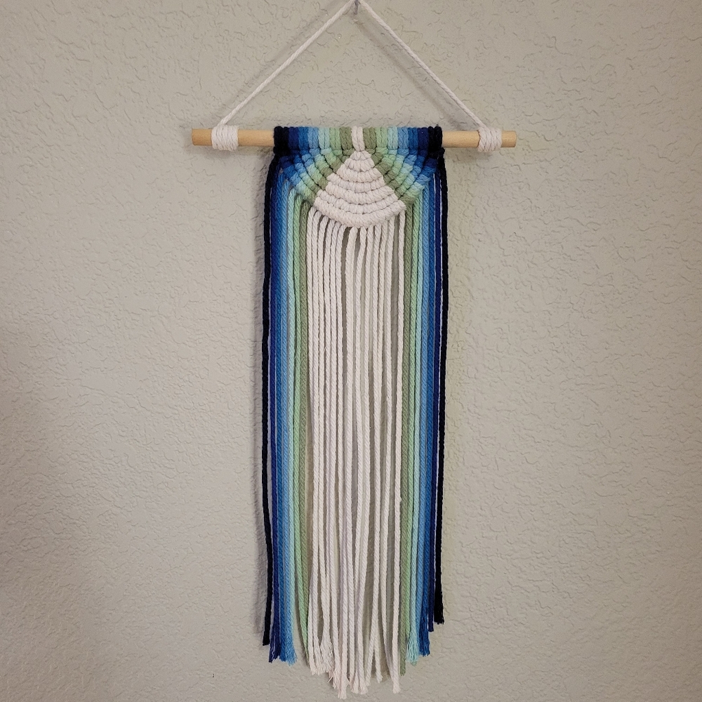 handmade ombre blue boho macrame wall art hanging / wreath on wood rod